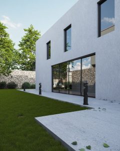 A contemporary white house with large windows and a spacious grass lawn.